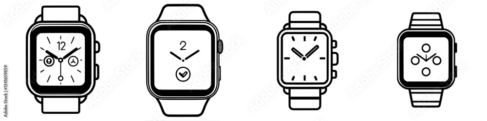 Poster various styles of modern smartwatch designs displayed in a minimalist format for tech enthusiasts an