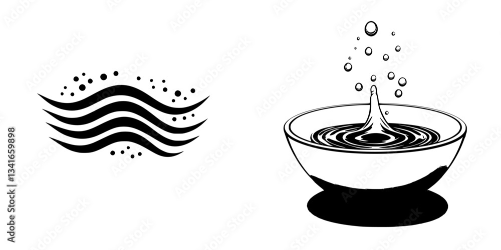 Poster stylized water splash and wave patterns in monochrome depicting fluid dynamics and natural elements