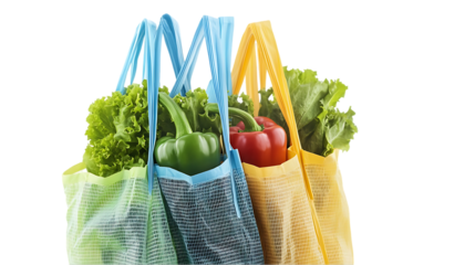 The image shows colorful reusable grocery bags filled with fresh vegetables like lettuce and peppers, promoting sustainable shopping.