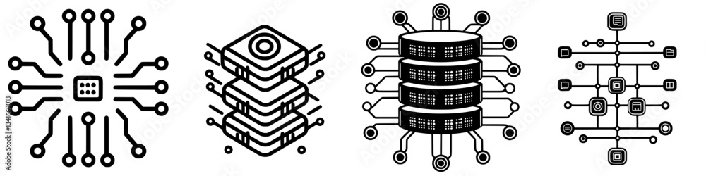Poster digital circuit designs showcasing interconnected components and data systems for technology applica