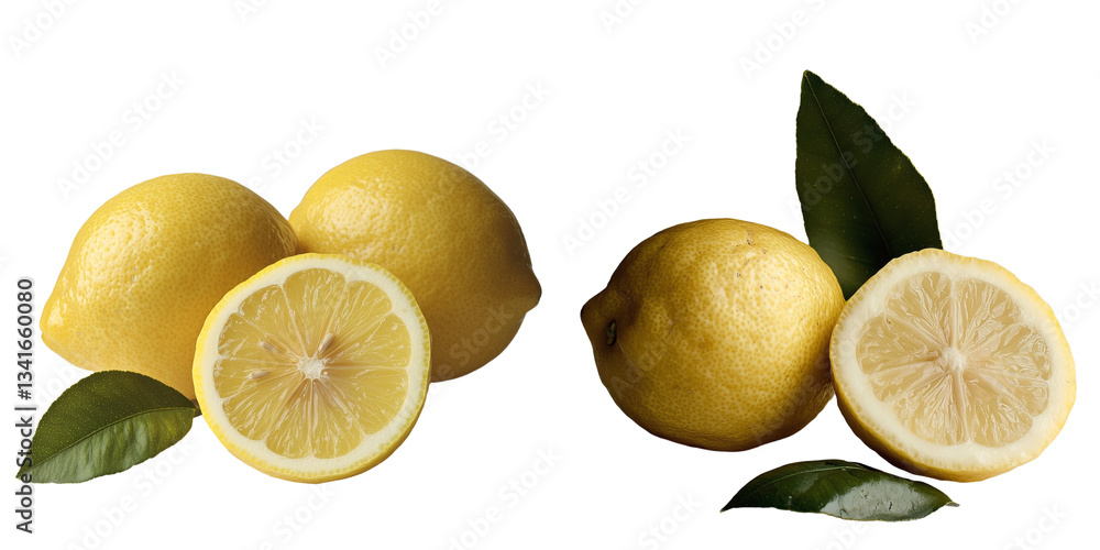 Poster On a transparent background, a fresh ripe lemon with a leaf has been isolated and generated using Ai technology