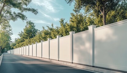 A long white privacy fence along a quiet road, lined with green trees under a clear blue sky with scattered clouds