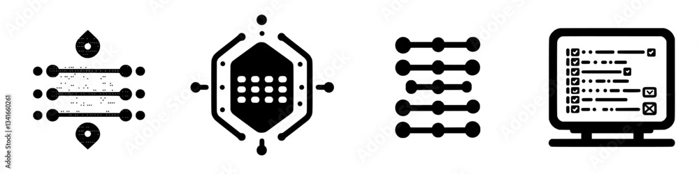 Poster symbols and graphical representations showcasing data processing and information arrangement with va