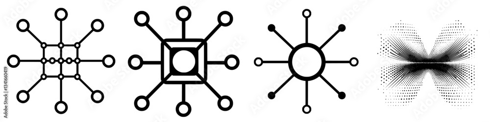 Poster different geometric patterns showcasing connection and symmetry in abstract designs created in black