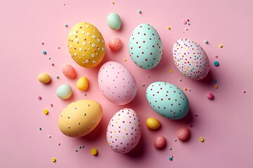 A cheerful overhead shot of pastel-decorated Easter eggs and candy on a pink background, perfect for Easter celebrations, spring events, and festive marketing.