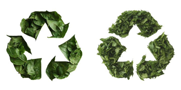 A symbol of recycling waste, depicted with green leaves, represents an environmental protection concept on a transparent background, made using Generative Ai