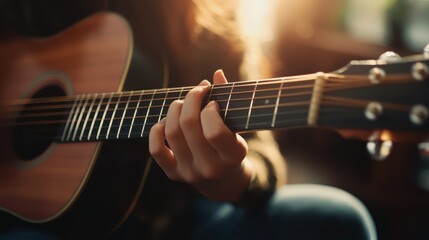 Obraz premium Gentle Fingers Softly Strumming A Warm Acoustic Guitar, Creating A Melody Of Peaceful Introspection Bathed In Golden Sunlight