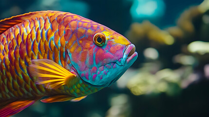 A close-up, side profile of a colorful fish with blue, pink, and yellow markings.
