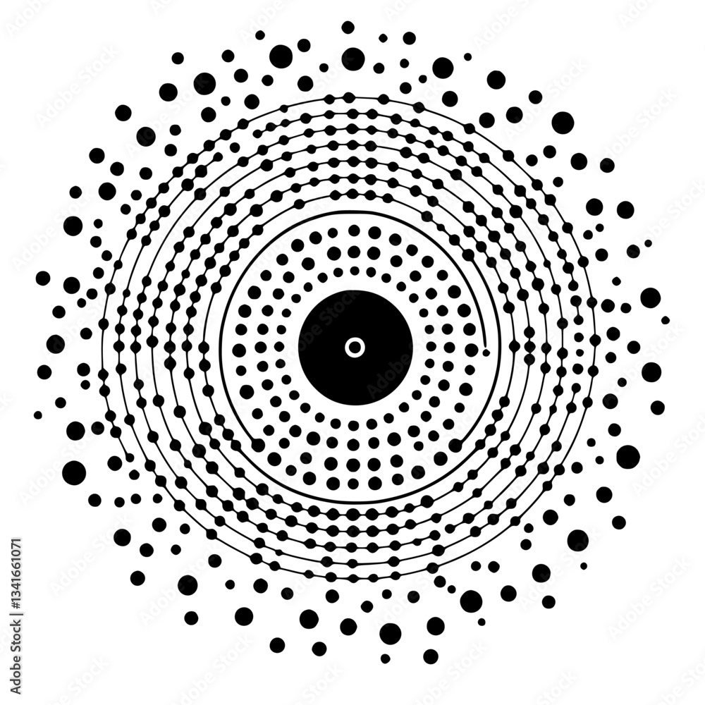 Poster intricate circular pattern with concentric circles and varying dot sizes creating a dynamic visual e