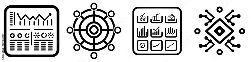 Aufkleber data visualization elements showcasing analytical charts, graphs, and network diagrams in a modern d