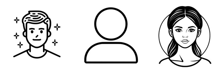 Stylized illustrations of diverse individuals featuring a smiling young man, a blank silhouette, and a confident young woman in a creative design