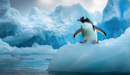 Obraz premium A lone penguin standing on a small iceberg in icy blue waters, surrounded by larger icebergs and a cloudy gray sky