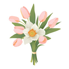 Tulip bouquet. Pink tulips and white daffodil for Mothers day, Womens day or Birthday cards, decoration, postcard, banner, advertising, sticker. Spring flower arrangement vector isolated illustration.