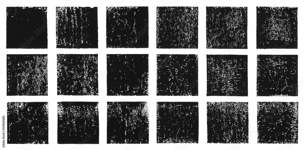 Poster linocut hand printed small square shapes collection. grungy textured relief block printing squares, 