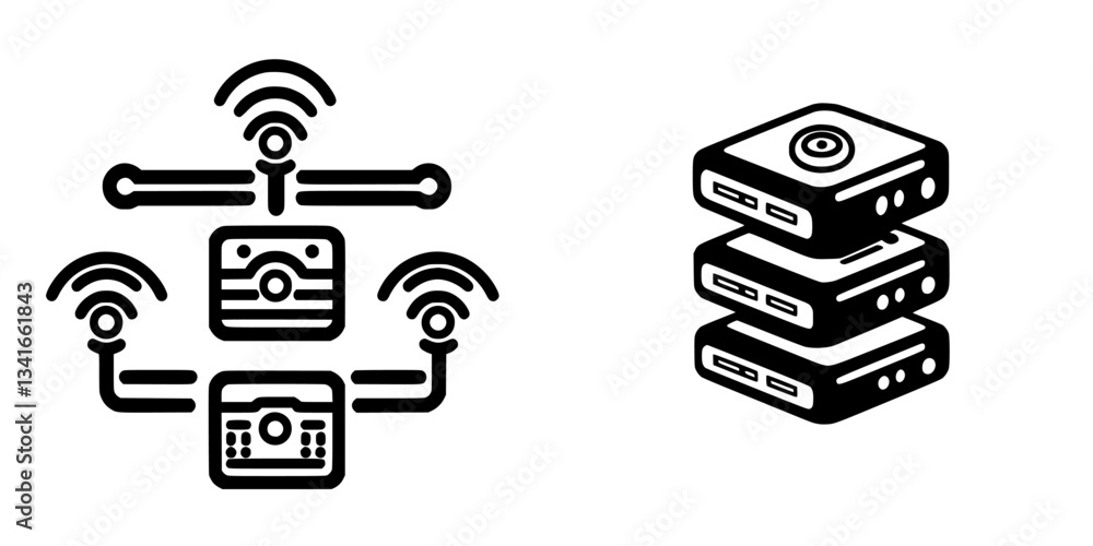 Poster network components and data storage devices displayed together in a digital illustration