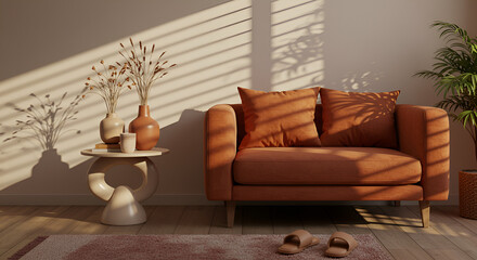 Stylish interior of living room at fancy home with design sofa, yellow side table, dried flowers, pillow, carpet decor and personal accessories in modern home decor. Template. Copy space