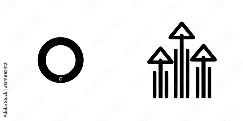 Poster minimalist design featuring circular shape and upward arrows in a simple black and white layout