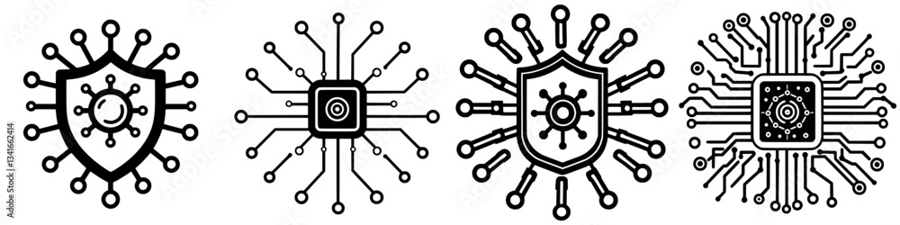 Poster digital security symbols represented as shields with circuit designs showcasing protection against c