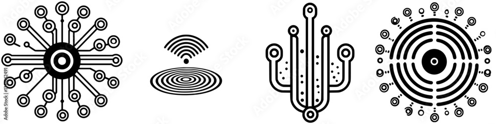 Poster designs featuring abstract technological patterns and symbols representing connectivity and data flo