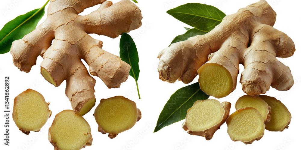 Poster In Generative Ai, fresh ginger is shown with sliced and green leaves isolated on a transparent background