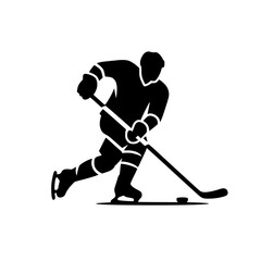 Vector black and white silhouette of a hockey player with a stick and puck, drawn with minimalist strokes
