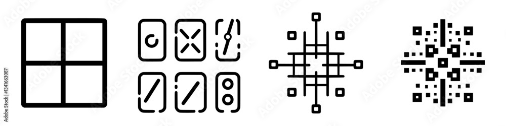 Poster designs of abstract shapes showcasing digital and technological elements in a minimalist style