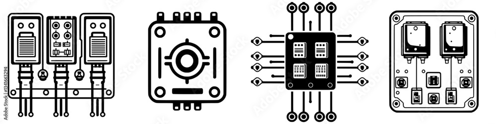 Poster electronic circuit designs showing various components and connections in a modern digital environmen