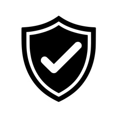 Vector black and white silhouette of a protective shield with a checkmark, drawn with minimalist strokes