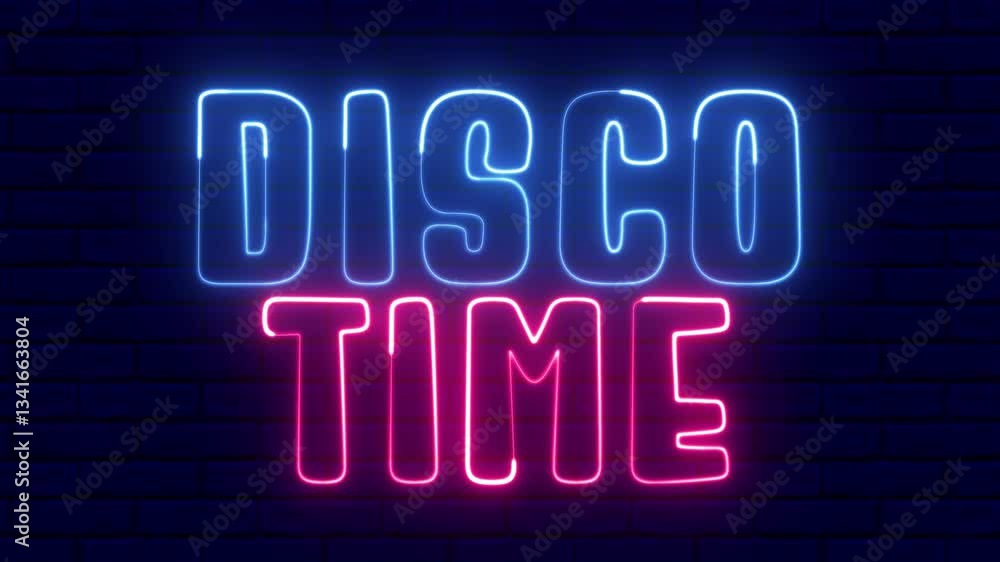 Poster disco time neon sign. disco time text font with neon light. luminous and shimmering haze inside the 