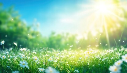 Obraz premium A vibrant meadow filled with white daisies under a bright blue sky, golden sunlight streaming through with lens flares, lush green grass and trees in the background