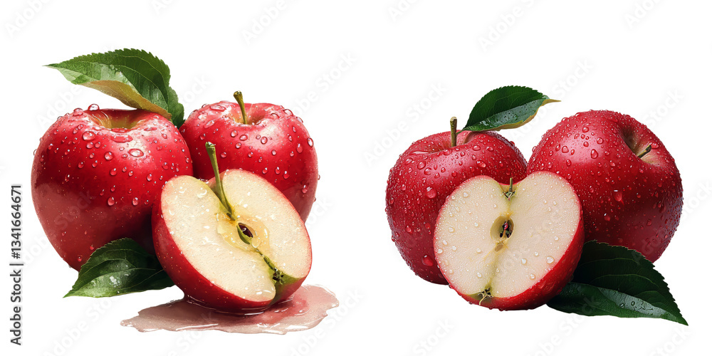 Aufkleber The image features a red apple, complete with a leaf and a slice, set against a transparent background and produced by Generative Ai
