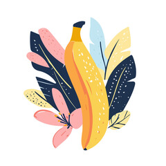 My hand-drawn colorful Banana painting with leaves. Trendy abstract minimal style. Natural fresh Dill. Vector illustration isolated on white