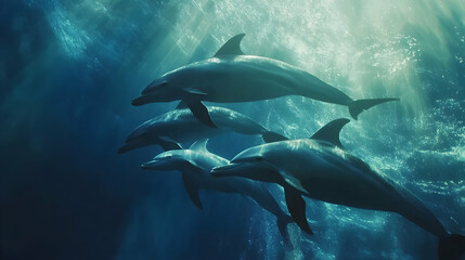 Fototapeta premium A pod of dolphins swims gracefully together through a blue underwater world, captured in a moment of synchronized motion.