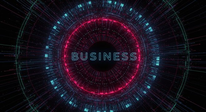 Business in the Digital Age: A futuristic digital tunnel with glowing lines converges towards the word "BUSINESS", suggesting innovation and technology.