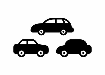 Simple black silhouettes of three different cars.