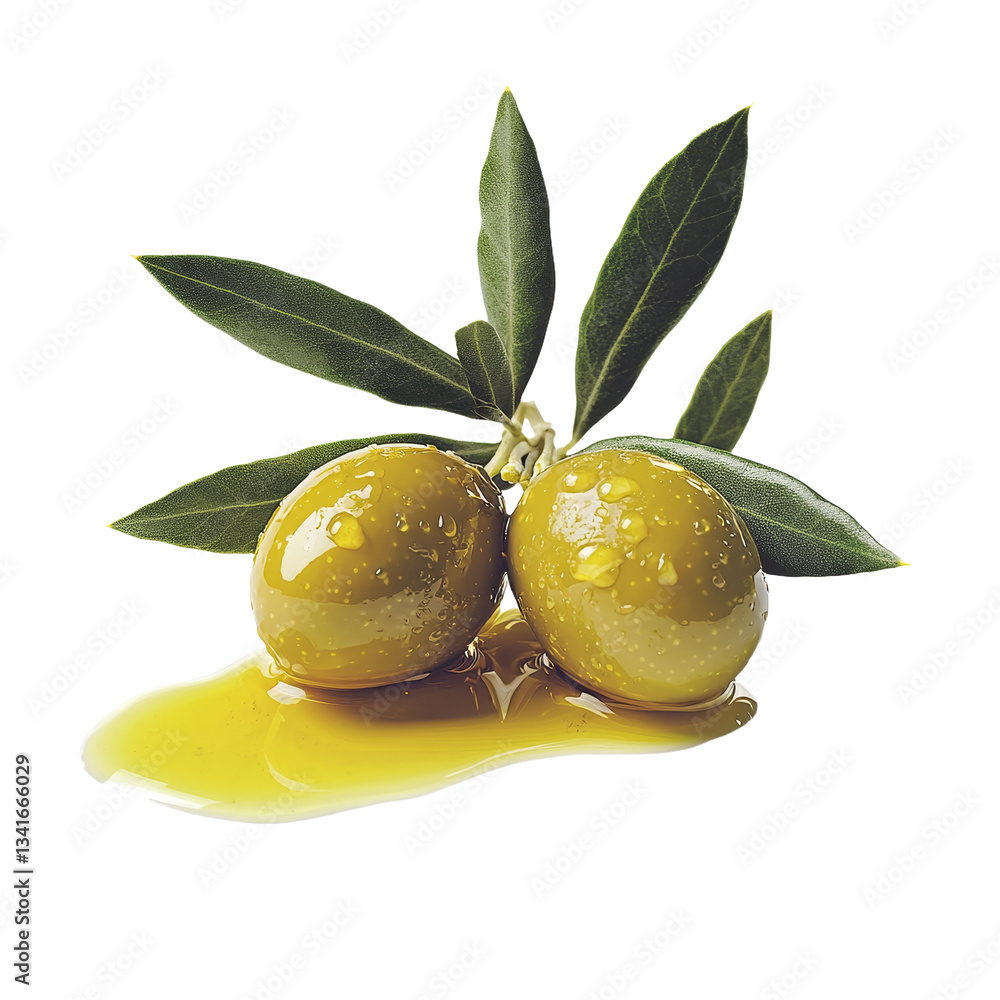 Poster against a transparent background, an image of fresh green olives with their accompanying leaves has 