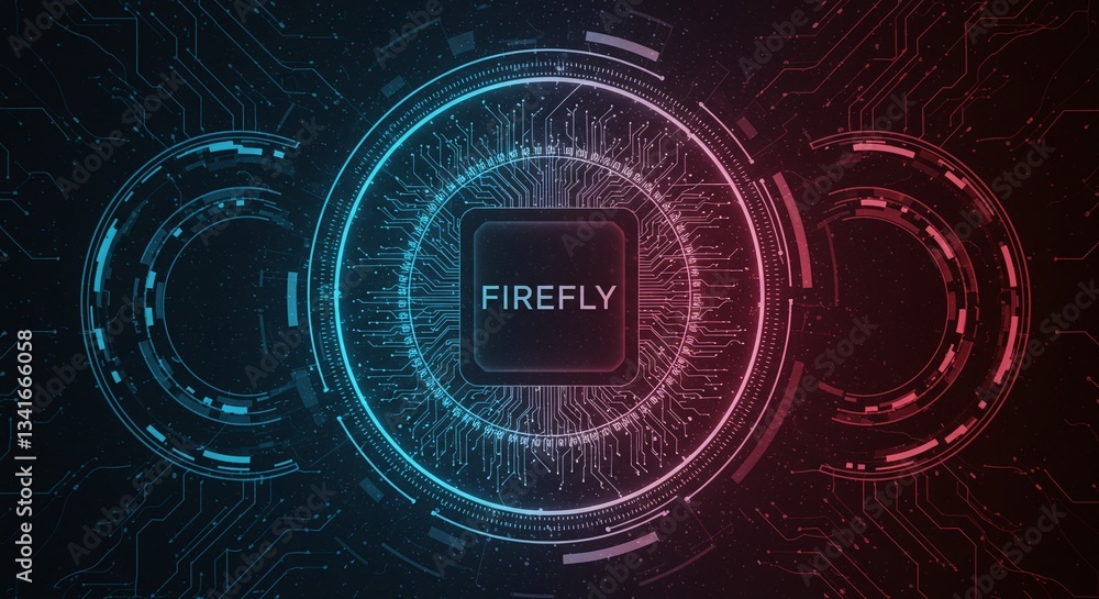Poster firefly tech: a digital artwork image representing the core of firefly technology in a modern comput