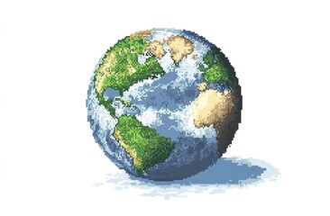 A pixel art representation of Earth, showcasing continents like North and South America, blue oceans, and green landmasses, retro 8-bit style, vibrant colors, isolated on a white background