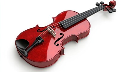 Obraz premium A deep red violin with a glossy finish and ebony fittings, isolated on a white background.