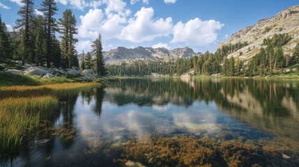 Crystal-clear lakes reflect the sky, surrounded by lush vegetation and towering trees.