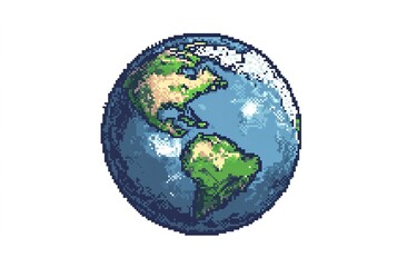 A pixel art representation of Earth, showcasing continents like North and South America, blue oceans, and green landmasses, retro 8-bit style, vibrant colors, isolated on a white background