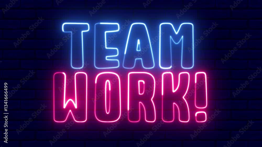 Poster team work neon sign. team work text font with neon light. luminous and shimmering haze inside the le