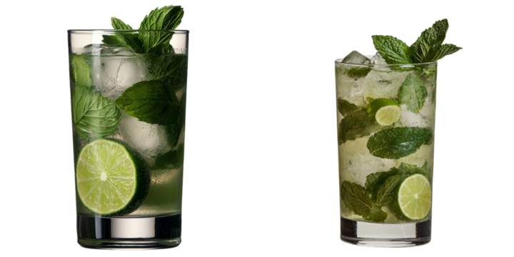 The image of a refreshing mojito cocktail with lime is isolated on a see-through background, made with Generative Ai
