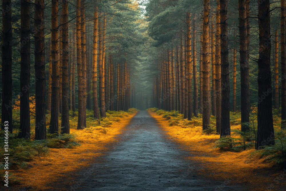 Poster a path through a forest with trees on both sides