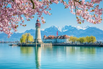 Obraz premium Swiss lake castle with cherry blossoms and mountains