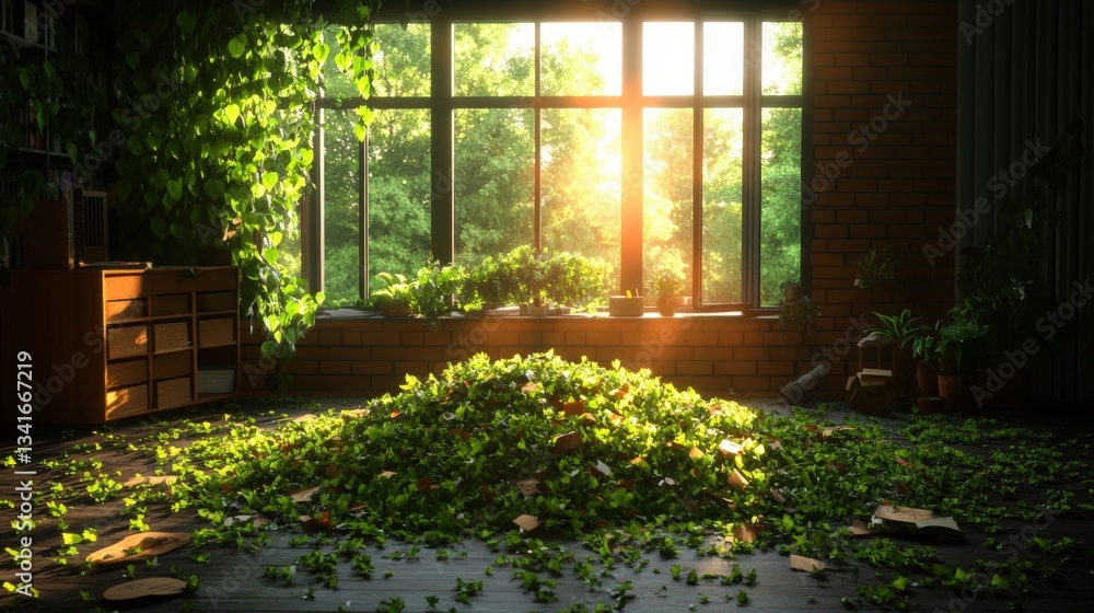 Poster sunlit room with large window overgrown by ivy internally and externally, showing a large pile of iv
