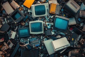Fototapeta premium Pile of Old Electronic Devices Including Vintage Televisions and Computer Parts on the Ground