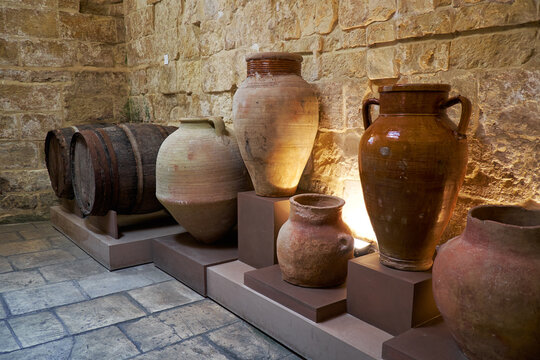 Ceramic vases in the kitchen area of the Inquisitor's palace, Vittoriosa, Malta.