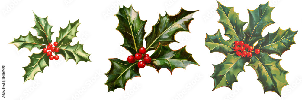 Poster on a transparent background, fresh holly leaves with red berries are depicted in isolation thanks to