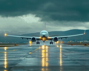 Naklejka premium Airplane Approaching Runway Amid Dark Stormy Clouds and Rain